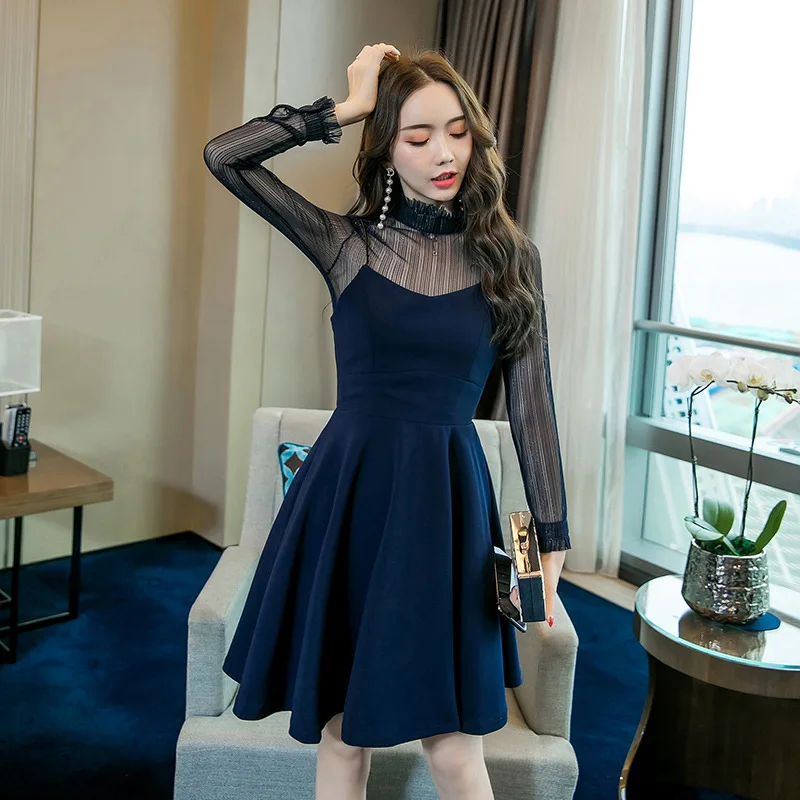 

2019 New Style Short-height WOMEN'S Dress Hollow out Backless Transparent Gauze Mock Two-Piece Slim Fit Formal Dress One Piece P