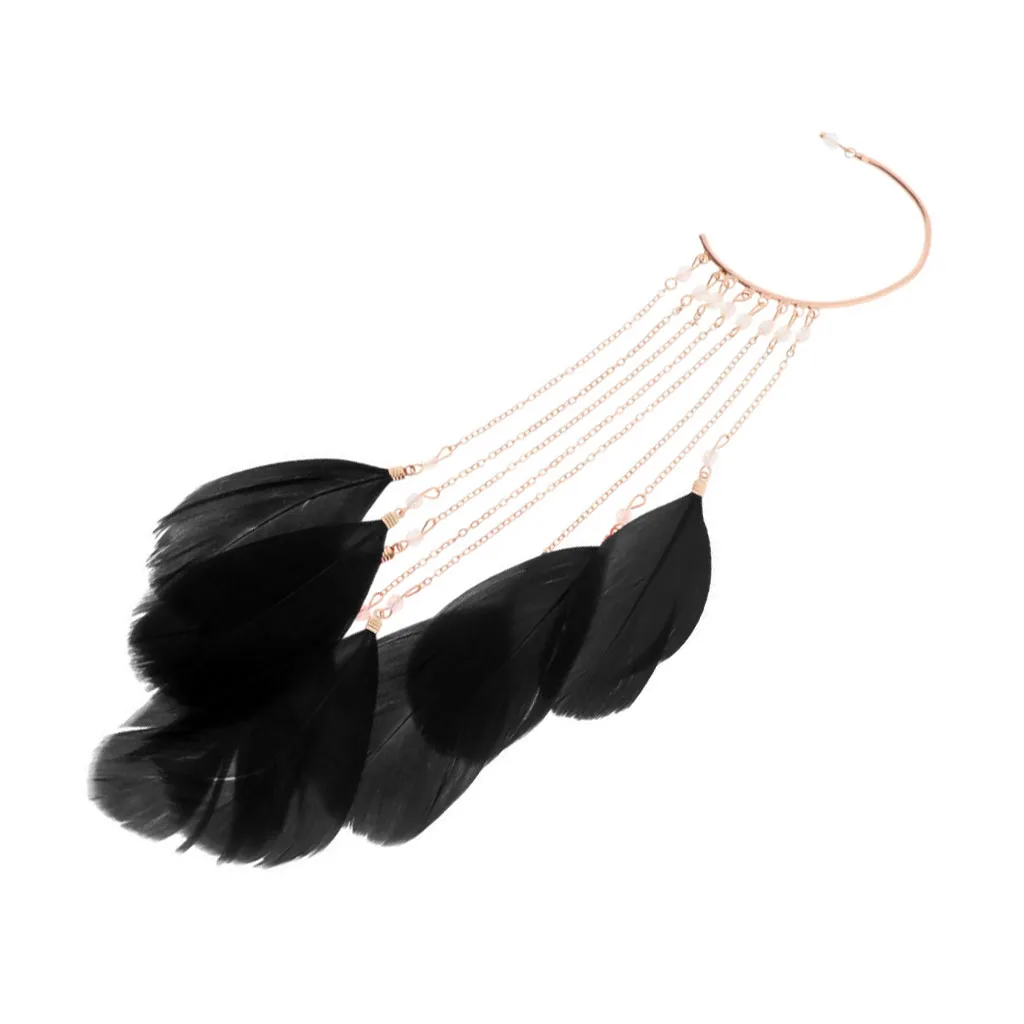 Черный Tassel Feather Long Ear Wrap Charm Cuff Earring Non Pierced Drop Dangle Earrings for Women - Цвет: Черный