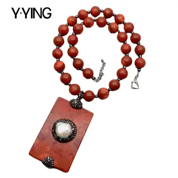 

Y·YING 12mm Red Spongy Coral round Necklace Rectangle Spongy Coral and White Coin Pearl Pendant necklace 20"