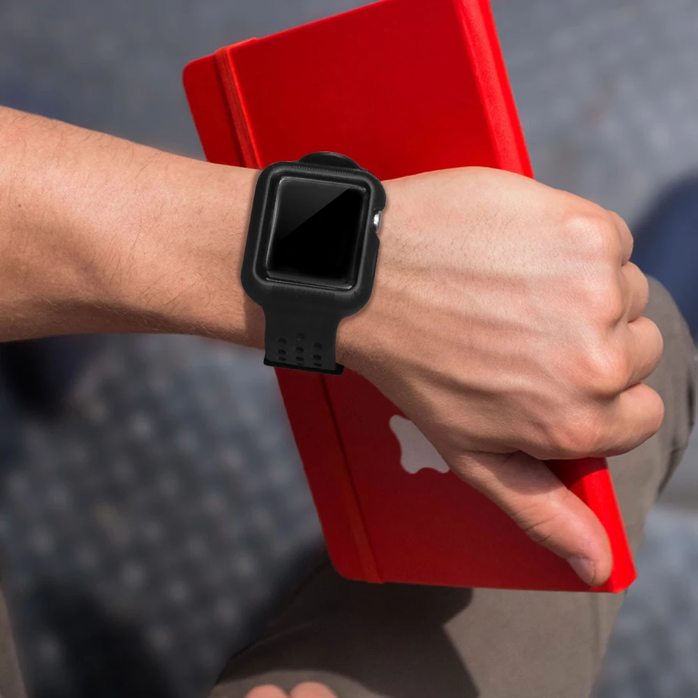Силиконовый чехол + ремешок для наручных часов Apple Watch, версии 4 5 44 40 мм дышащая сменный Браслет спортивные аксессуары для наручных часов iWatch