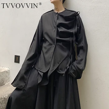 

Korea Irregular Drawstring Black Shirt Fashion New Single Breast Patchwork Goddess Fan 2020 Winter Minority Blouse Y053