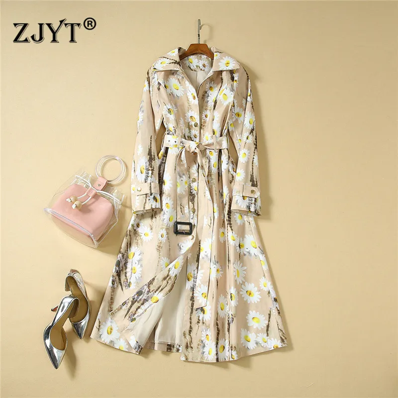 

Runway Designer Autumn Trench Coat for Women 2019 New Fashion Floral Print Long Trench Winter Elegant Aline Overcoat Outerwear