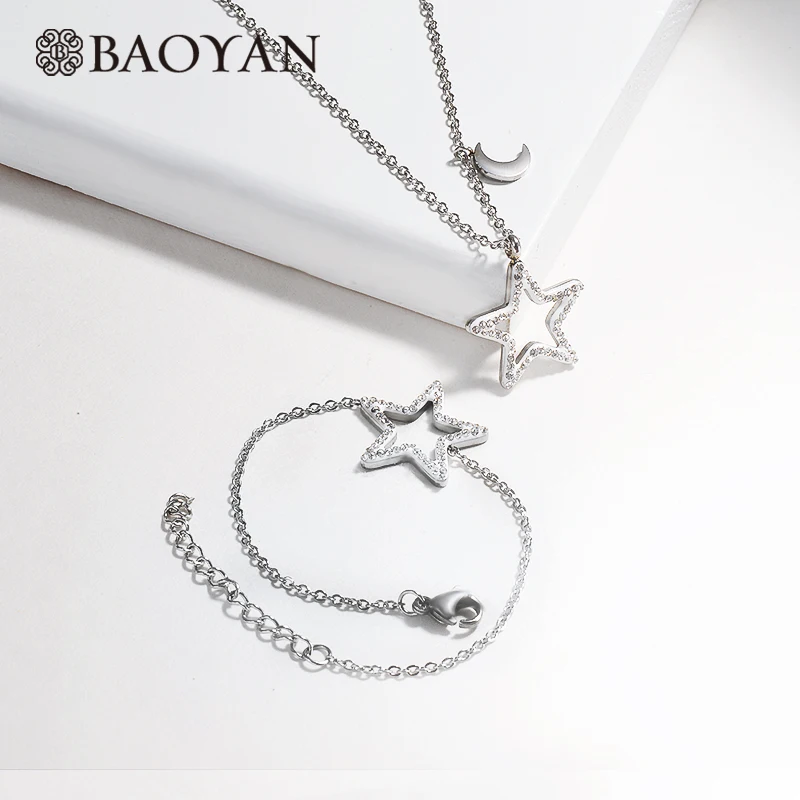 Baoyan, ювелирный набор, браслет, ожерелье, кубический цирконий, ювелирный набор, розовое золото/серебро/золото, нержавеющая сталь, набор звездных украшений для женщин