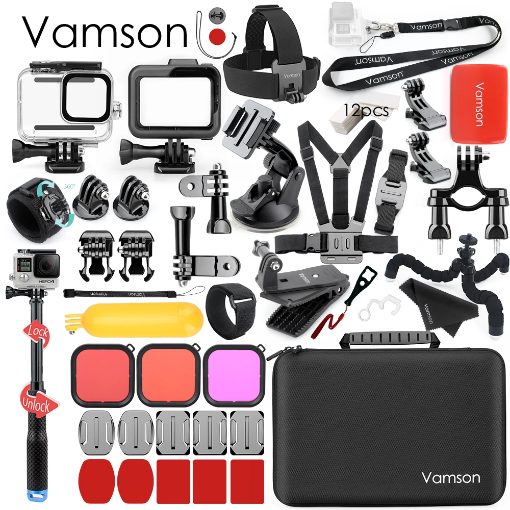 VS20B Vamson, водонепроницаемый чехол для корпуса, набор аксессуаров для GoPro Hero 8, черный монопод, нагрудный ремень, крепление для GoPro 8, Спортивная камера VS20 - Цвет: VS20B