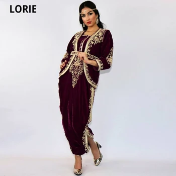 

LORIE Burgundy Karakou Algerians Evening Dresses Elegant Gold Lace Velvet Dubai Prom Party Gowns Long Sleeve Custom Made