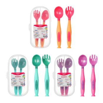 

2pc /lot Baby Food Tableware Feel Free to bend Spoon Fork Set Baby Food Supplement Silicone Self Feeding Training Spoons
