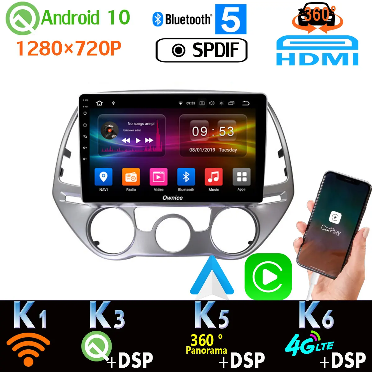 1280*720P Android 10 0 Φ для Hyundai i20 2009 2013 AT MT Head Unit SPDIF CarPlay 360 панорамная камера