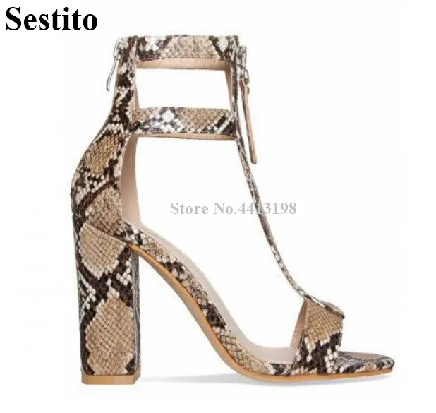 

Sestito Women Sandals Sexy Leopard T-tied Zip Ankle Strap High Hoof Heels Peep Toe Sandals Thick Heel Summer Fashion Women Shoes