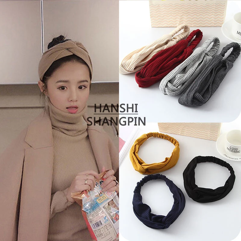 

Korean simple retro headband big festival with the same type of elastic knit wide color cross hair band knot tiaras