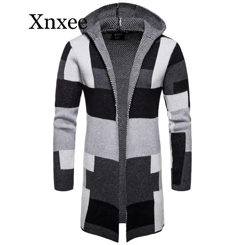 gray Men x-long sweater coat Hooded stripe color matching Jackets long style cardigan Outerwear sweater male Button top coat