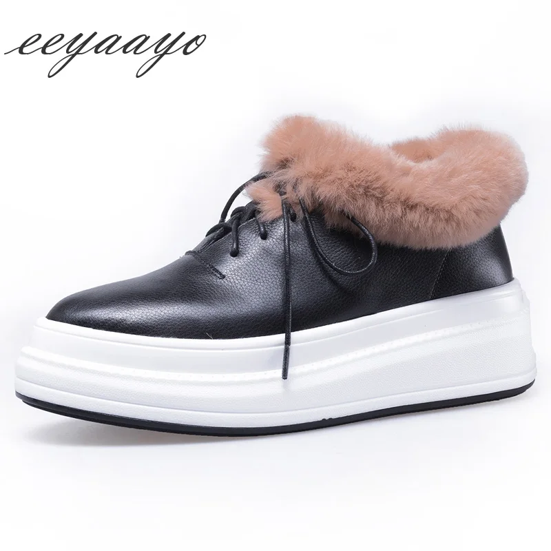 

2018 New Genuine Leather Winter Women Boots Middle Heel Round Toe Lace-Up Fashion Casual Women Platform Shoes Black Snow Boots