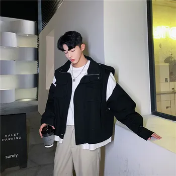 

Male Japan Harajuku Street Dark Black Jacket Outerwear Men Black White Splice Casual Loose Short Coat Overcoat