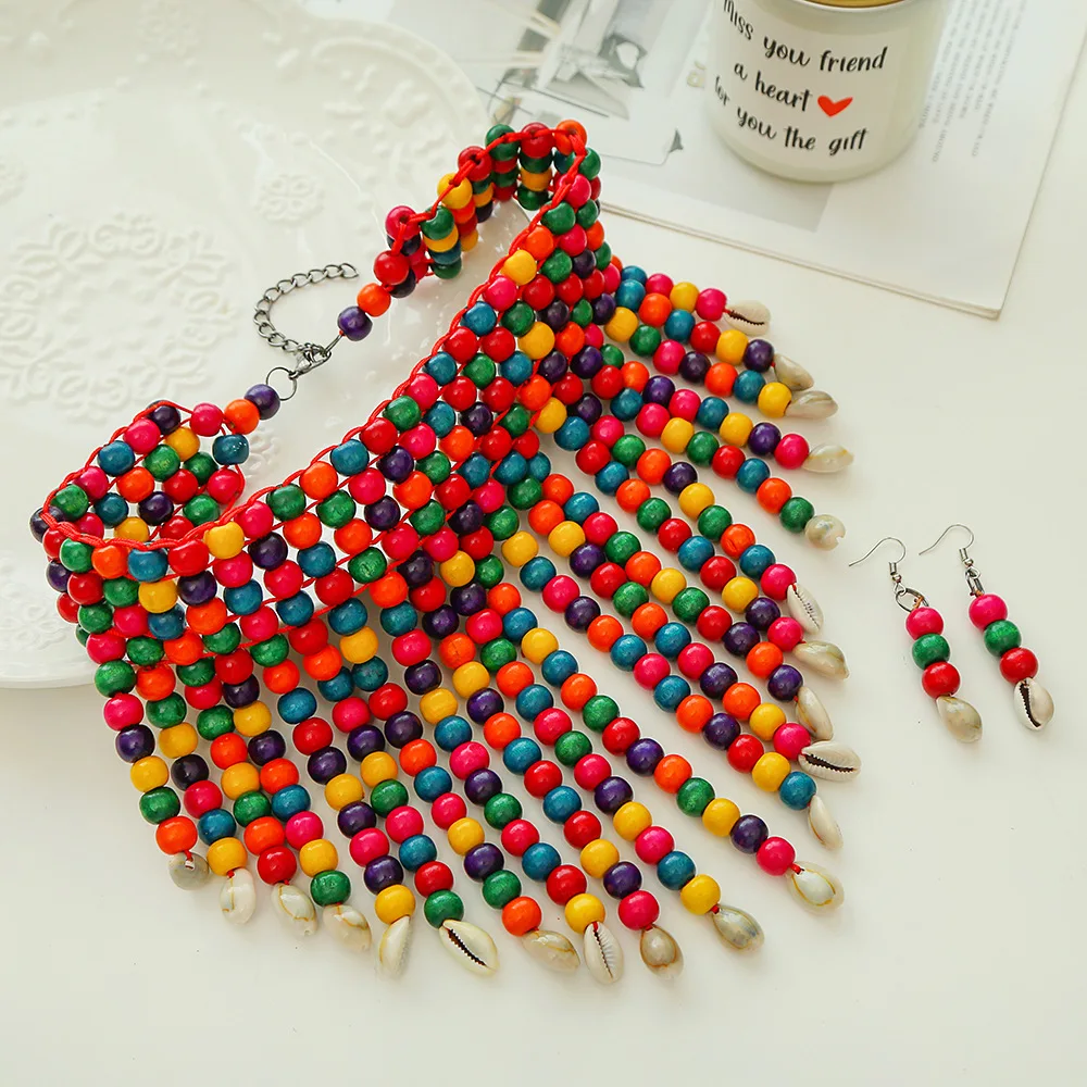 African statement chunky necklaces for women multi strand colorful bead layered necklace fashion jewelry costume earrings