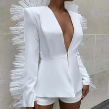 Missord осень зима сексуальный глубокий v-образный вырез длинный рукав сетка комбинезон сплошной цвет элегантный Блейзер и Шорты Элегантный комбинезон FT19772