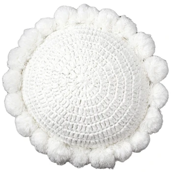 

Knit Cushion Solid 50X50cm Cute Pompom Ball Cushion Case Soft for Sofa Bed Nursery Room Decorative-White