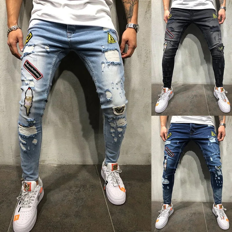 

New Style European and American men's hip-hop tight-cut holes pants new men's badge slim jeans