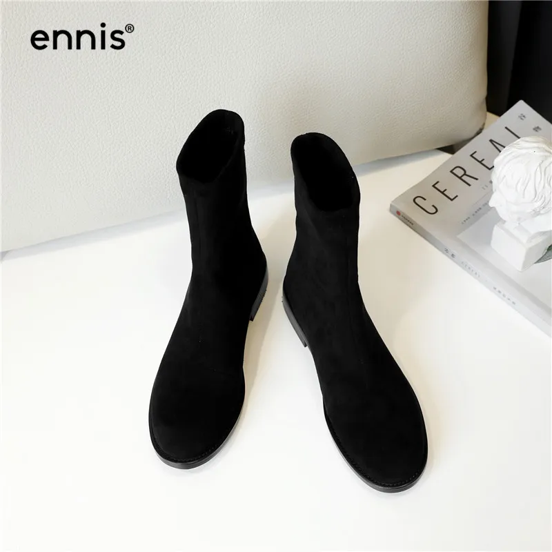 ENNIS/ г. Модные ботинки на плоской подошве женские ботинки до середины икры из черной лакированной кожи дизайнерские ботинки из замши на низком каблуке Осенняя женская обувь, A9164