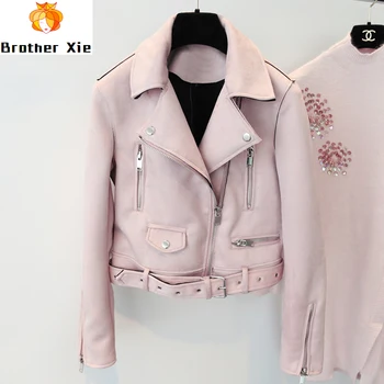 

2020 New Women Soft Suede Leather Motorcycle Jacket Turn-down Collar Female Short Coats Black Pink Army Green Punk Outerwear