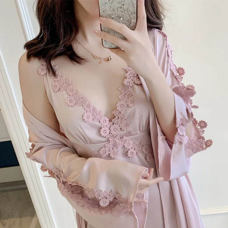 

Qweek 2020 Sexy Nightwear Set Satin Lounge Set Women Silk Sleepwear Women Lace Loungewear Women 2 Pcs Pajamas Dress+bed Robe