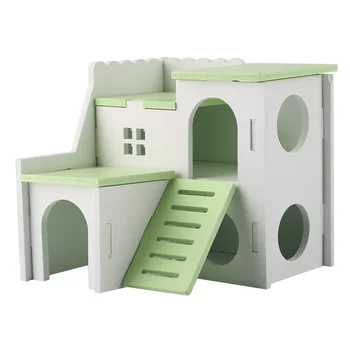 

Small Pet Hamster Play House Wooden Assembled Villa Pet Bed Cage House Hedgehog Castle Climb Toys (Double Layers Room)