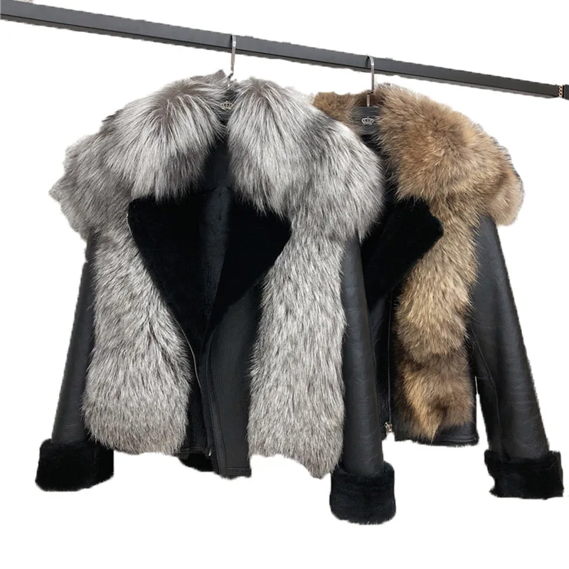 Women Sheepskin Coat With Real Sheep Fur Inside And Natural Raccoon Fur Collar Silver Fox Fur Trim Winter Jacket For Women Warm