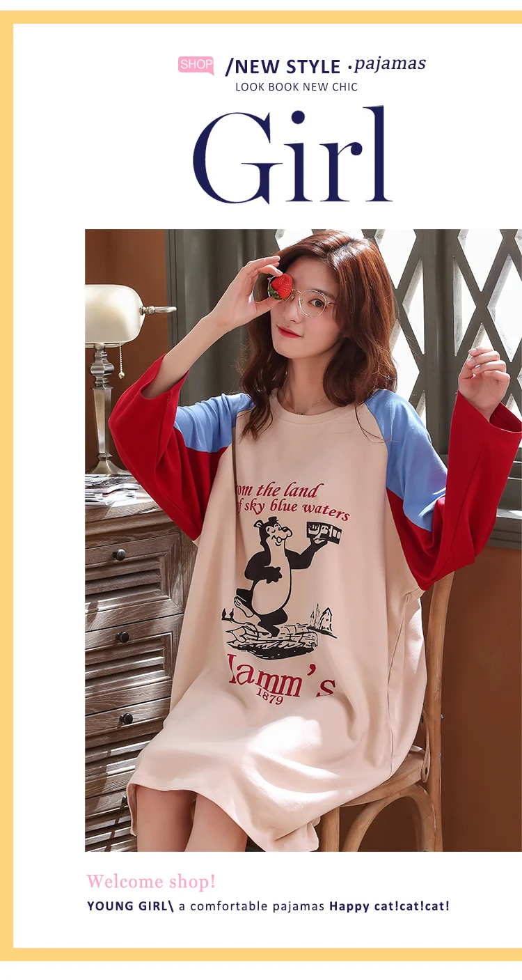 Kawaii женская ночная рубашка из хлопка с длинными рукавами, ночная рубашка для студенток, модная цветная женская ночная сорочка, одежда для сна, большие размеры