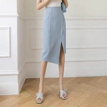 

Women Spring Summer Elegant Beading Chain Package Hip Skirts New Fashion High Waist Irregular Slit Office Lady Midi Long Skirt
