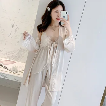 

Women`s New Silk Three-Piece Pajamas Sets Summer Lace Long Sleeve Plus Size Pajamas