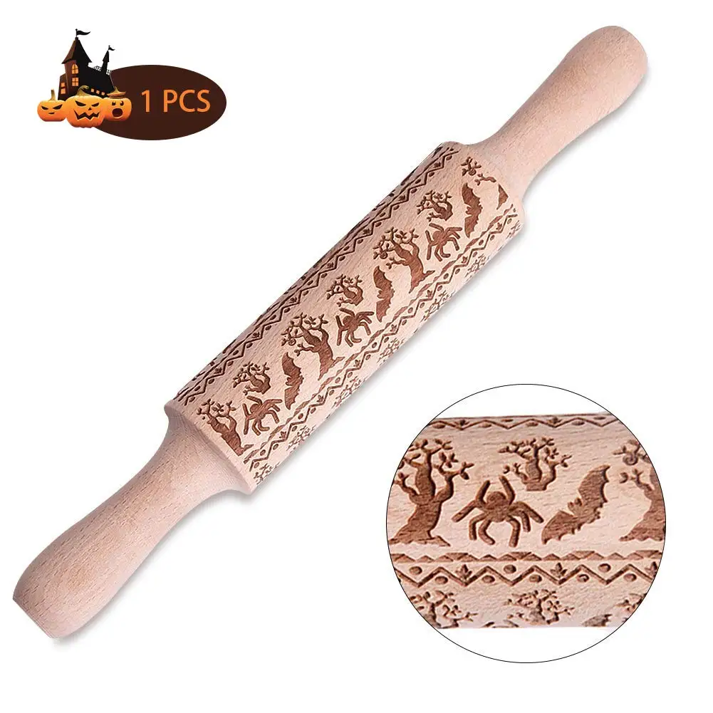 Spider Halloween Rolling Pins Spider squash Wooden Rolling Embossing Baking Cookies Biscuit Fondant Cake Patterned Roller 14 inches - Цвет: Spider