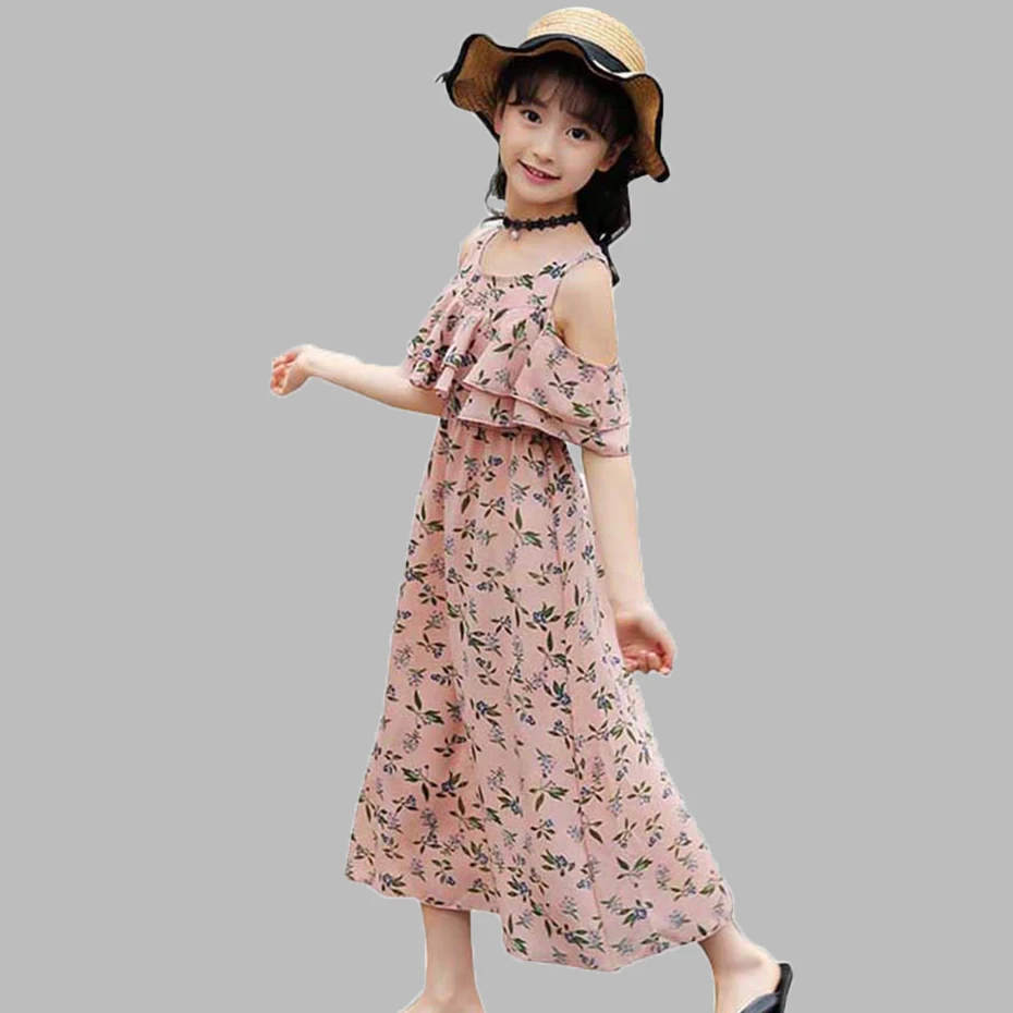 Платья для девочек с цветочным рисунком; летнее платье для девочек с открытыми плечами; Детские пляжные платья для девочек; Милая Одежда для девочек-подростков