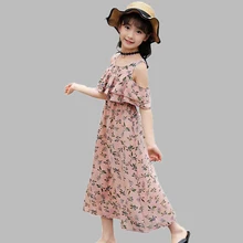 Платья для девочек с цветочным рисунком; летнее платье для девочек с открытыми плечами; Детские пляжные платья для девочек; Милая Одежда для девочек-подростков