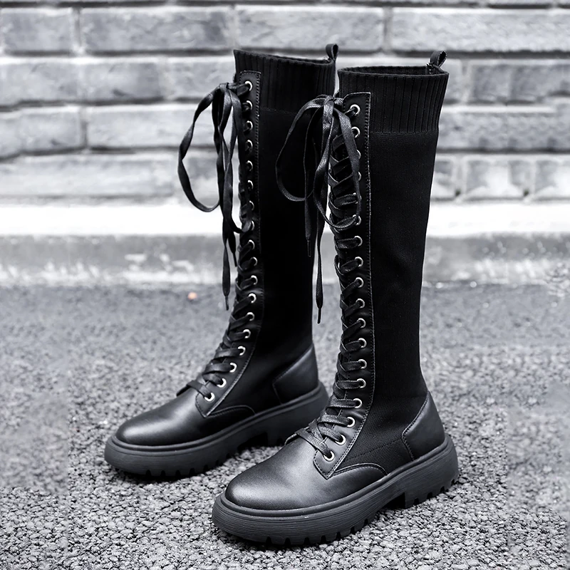 Najtaniej RASMEUP skórzane Kintted elastyczne damskie buty do kolan 2020 styl kobiety platformy długie buty zasznurować pani Chunky buty Plus Size