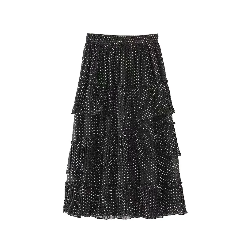 

Chiffon Cake Dress Skirt Women's New Style Mid-length High-waisted Pleated Skirt Multi-Level Polka Dot Dress Zi Xia
