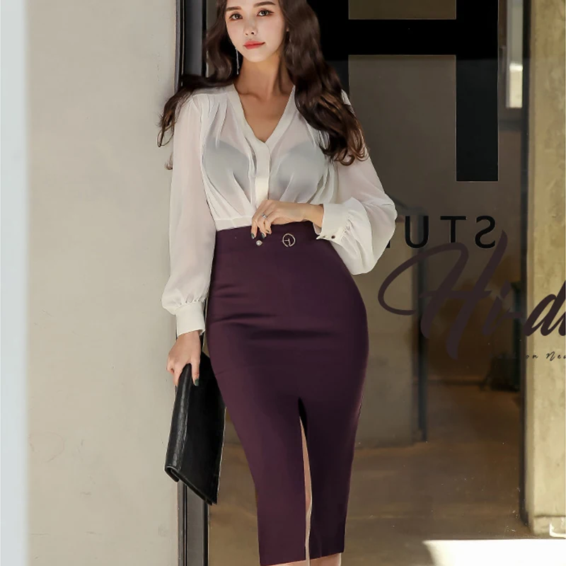 Photo Color H Han queen, Новое поступление, Женская офисная одежда, комплект из 2 предметов, сексуальные тонкие блузки из тюля и высокая талия, с разрезом, облегающая юбка-карандаш - Цвет: Photo Color