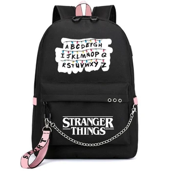 

New Stranger Things Canvas Backpack USB Charge Women Student Backpack Letters Print School Bag Teenager Girls Ribbons Backpack