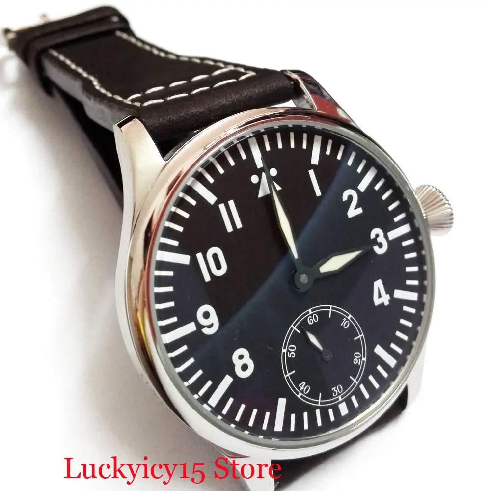 

PARNIS Mechanical Men Wristwatch 44mm Black Sterile Dial 6498 Movement Leather Strap
