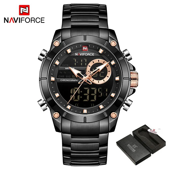 BlackWithBox NAVIFORCE мужские часы цифровые спортивные часы Relogio Masculino кварцевые часы ремешок из нержавеющей стали многофункциональные наручные часы для мужчин - Цвет: BlackWithBox