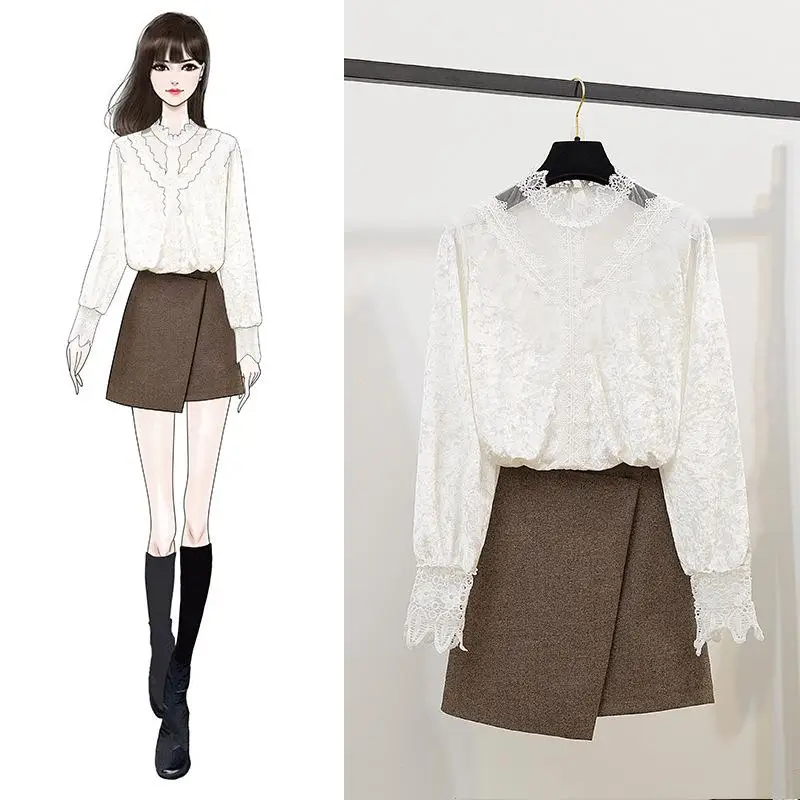 

ICHOIX Velvet lace tops and skirt set elegant office set Women 2 piece set irregular mini skirt set Korean outfits winter