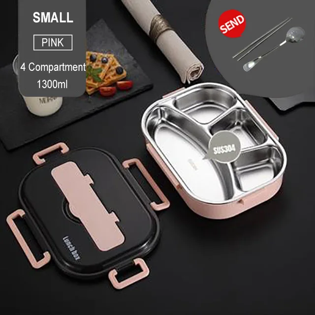 Pink 4 compartment thermo lunchbox for Kids With Compartments 304 Stainless Steel Japanese Bento Box Microwave Heating Food Container Tableware - Цвет: Pink 4 compartment
