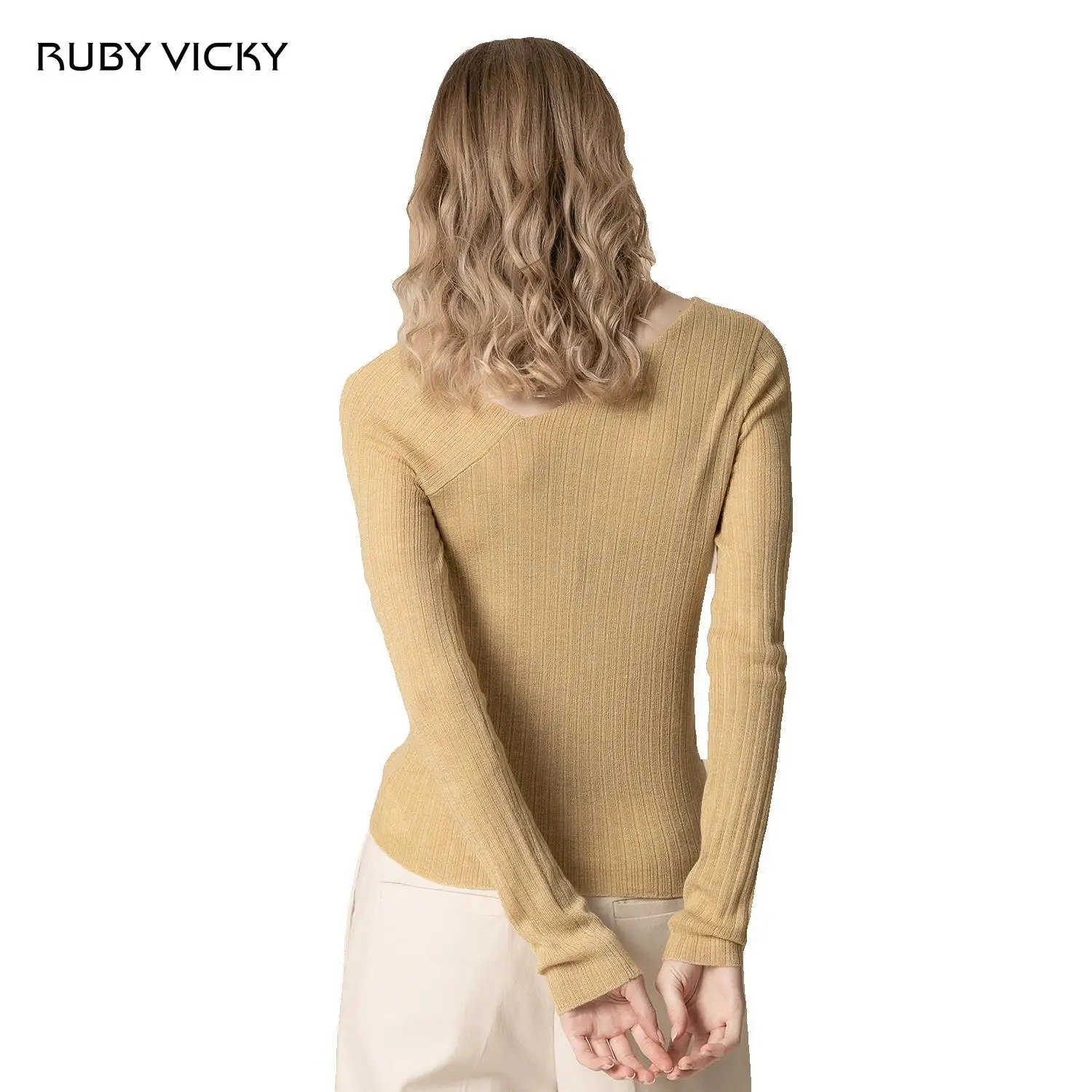 Ruby Vicky, Осенний женский свитер, новинка, Модный повседневный сексуальный однотонный комплект с диагональным плечом, облегающий женский свитер