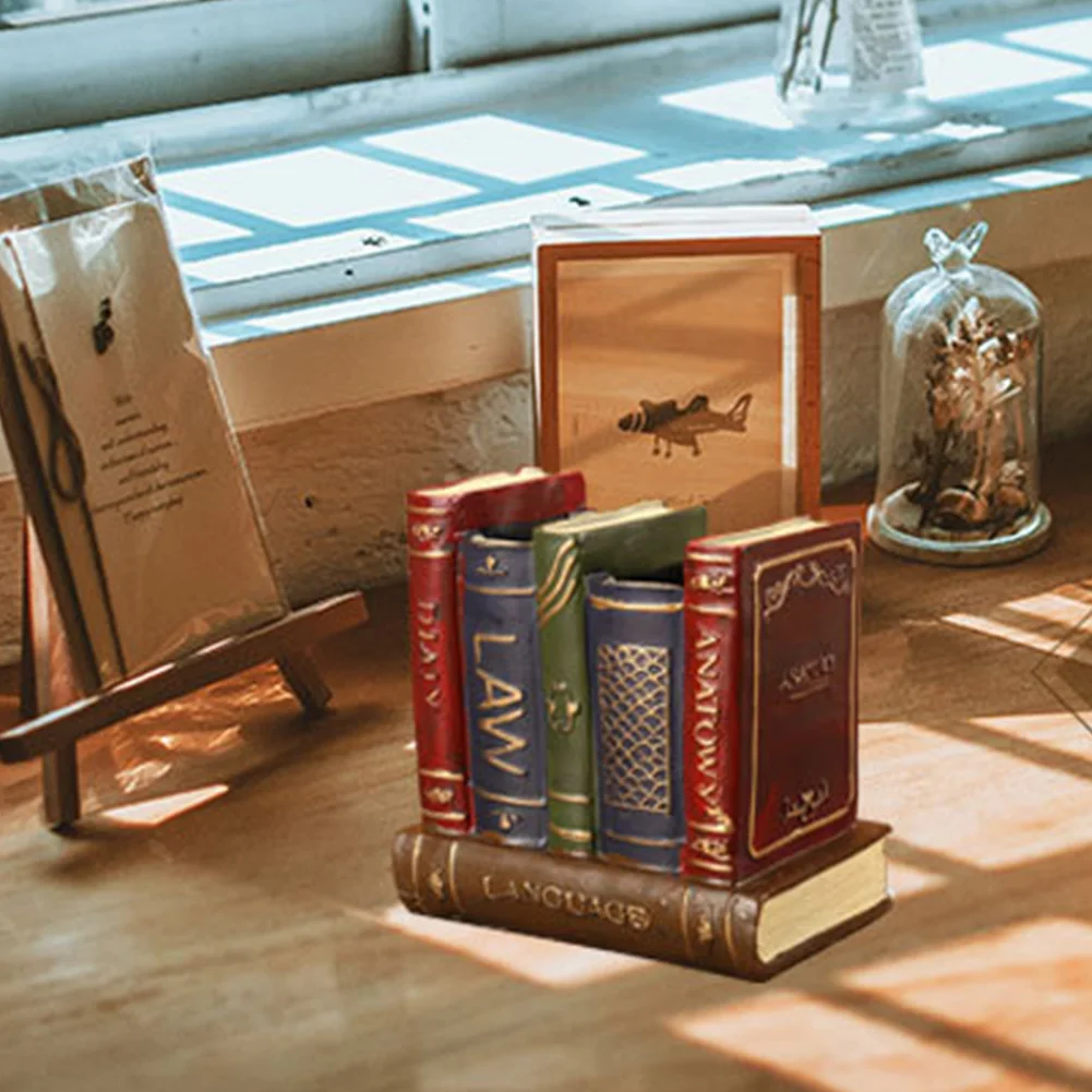 

Durable Resin Vintage Decoration Two Compartment Desk Multifunction Practical Office Pen Holder Sundries Storage Book Shape Home