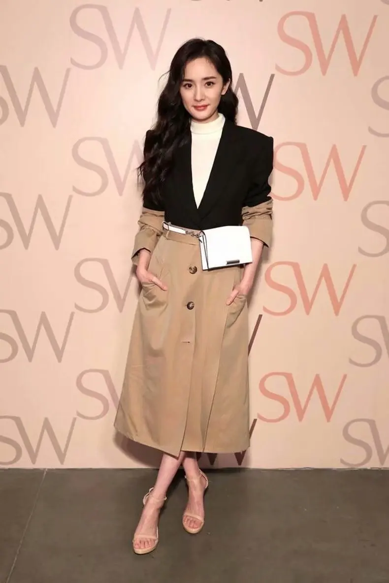 Осень, женское платье Yang Mi Star, стиль знаменитостей, зауженный крой, длинный Тренч, пальто контрастного цвета, приталенное, облегающее пальто W