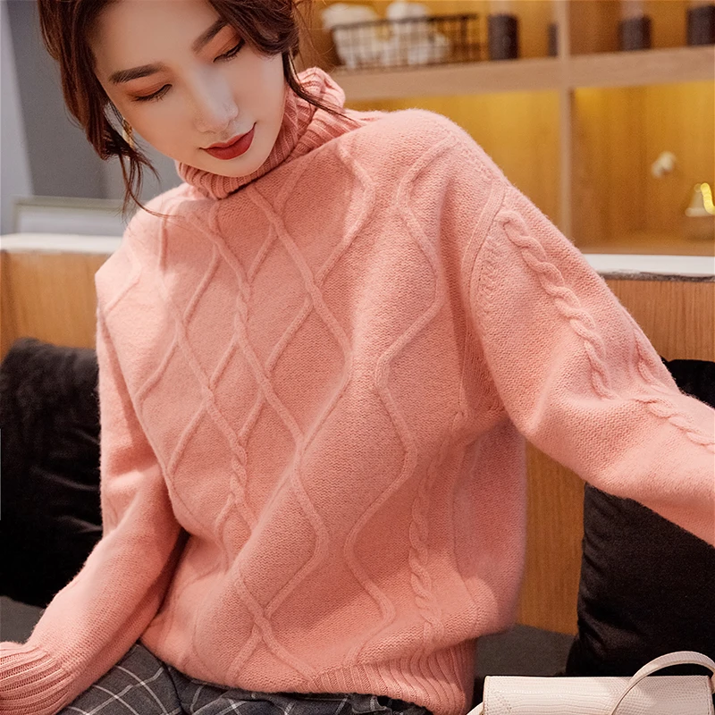 

BELIARST Exquisite Twisted Cashmere Sweater Female High Collar Thick Loose Sweater Sweater Autumn and Winter New Pullover
