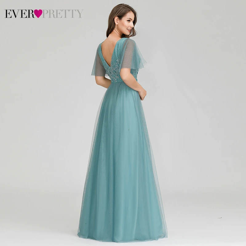 Illusion Blue Evening Dresses Ever Pretty A-Line Double V-Neck Ruffles Sleeve Appliques Tulle Elegant Long Party Gowns Vestido