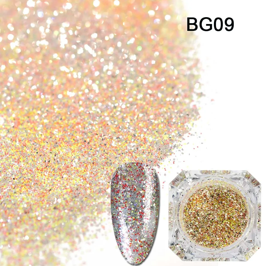 1 коробка Голографический лазерный блеск для ногтей порошок золото серебро сияющая пыль Блестящий чешуйчатый гель лак маникюр, украшения для ногтей JIBG01-26 - Цвет: BG09