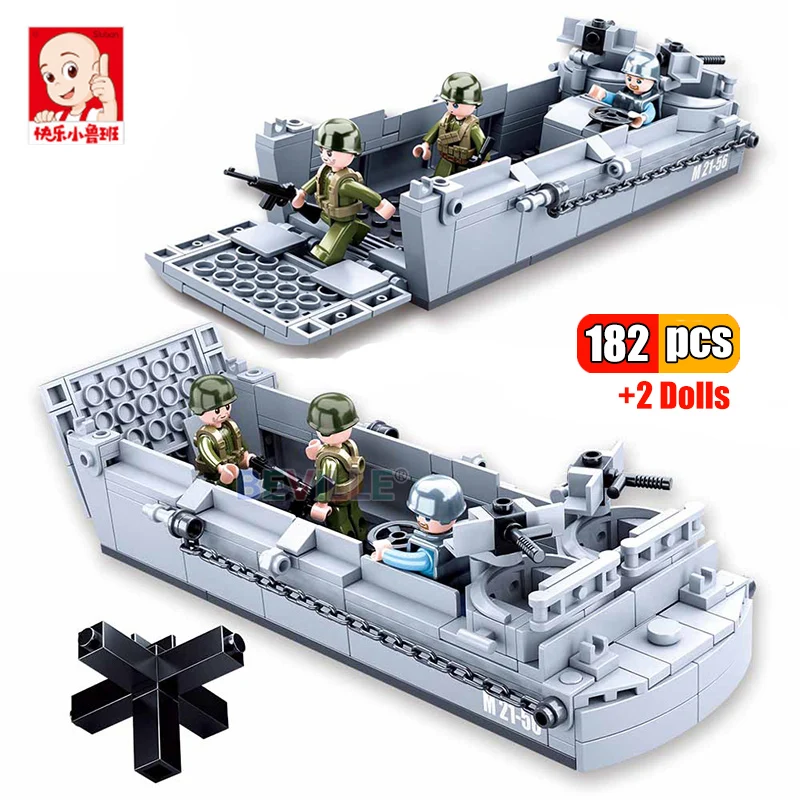 Sluban 182Pcs Military Weapon Boat WW2 Landing Craft Model Building Blocks DIY Navy Soldier Figures Educational Bricks Kids Toys