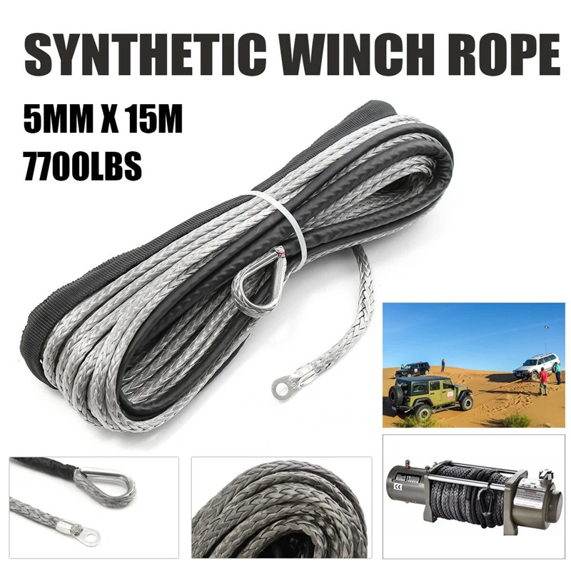 3/16"X50' 7700LBS Synthetic Winch Line Cable Rope with Sheath SUV ATV Boat 