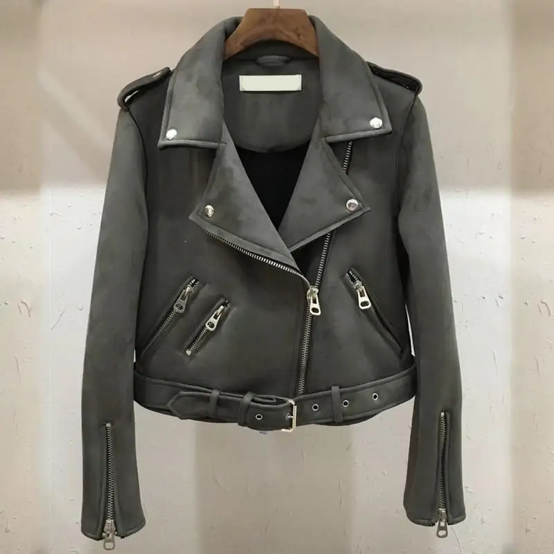New Suede Leahter Jacket Women Fall Zipper Vintage Biker Jacket Ladies Turn-Down Collar Belt Short Coats Outwear