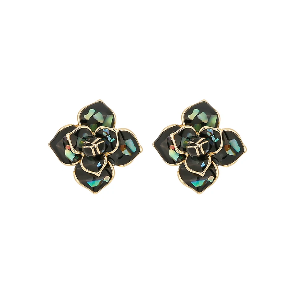 YMYW Shell Enamel Flower Plants Earrings Stud Black White Charm Brand Classic Fashion Real-Golden-Plated Earrings Brincos Bijou