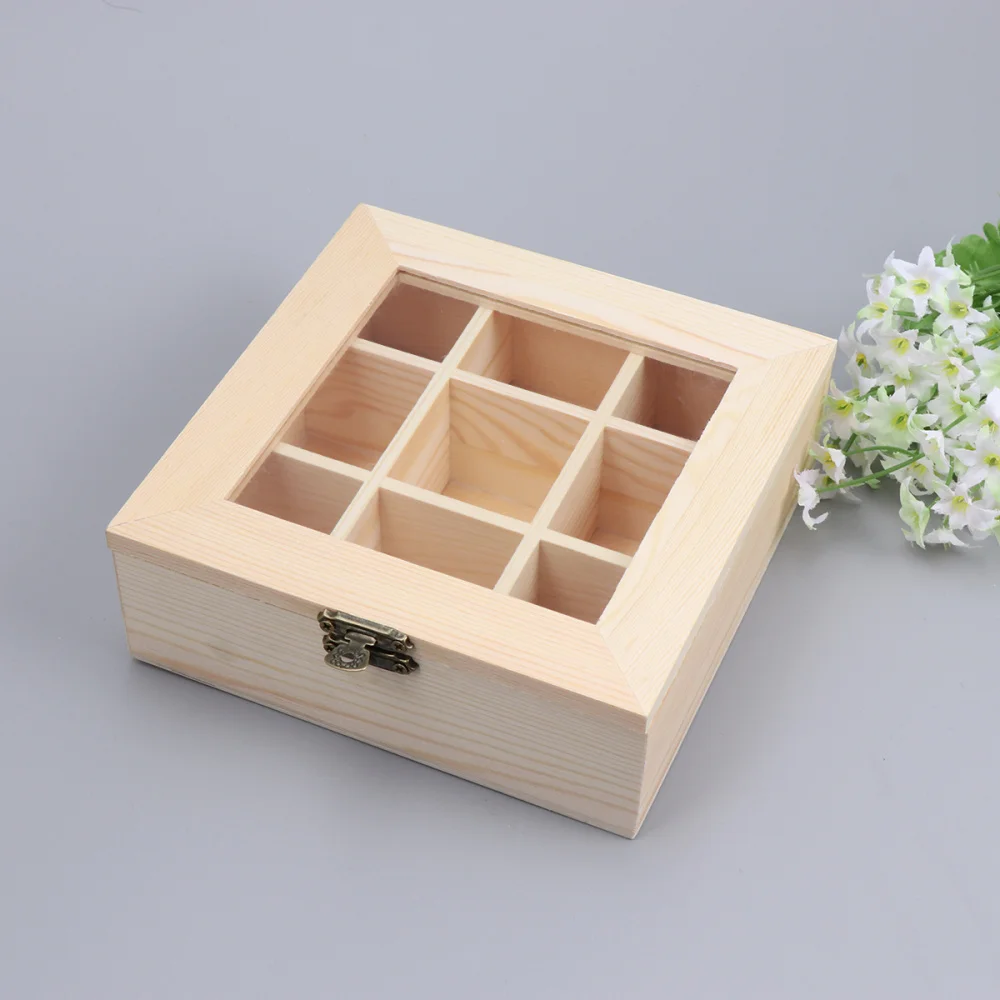 

Coffee Storage Box Organizer Wooden Tea Box with 9-Compartment and Glass Window Tea Coffee Display Case Tea Bag Chest Letters